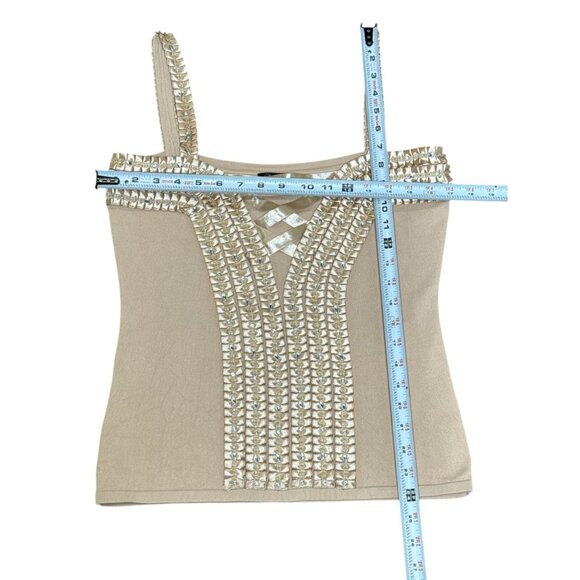 Leo Guy Size M Color Tan Sleeveless evening Top  Intricate Silver Rhine Stone - Picture 10 of 10